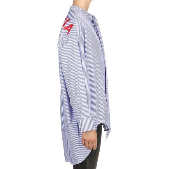 Balenciaga Blue and White Tie Front Oversized Logo Shirt - Picture 3 of 8